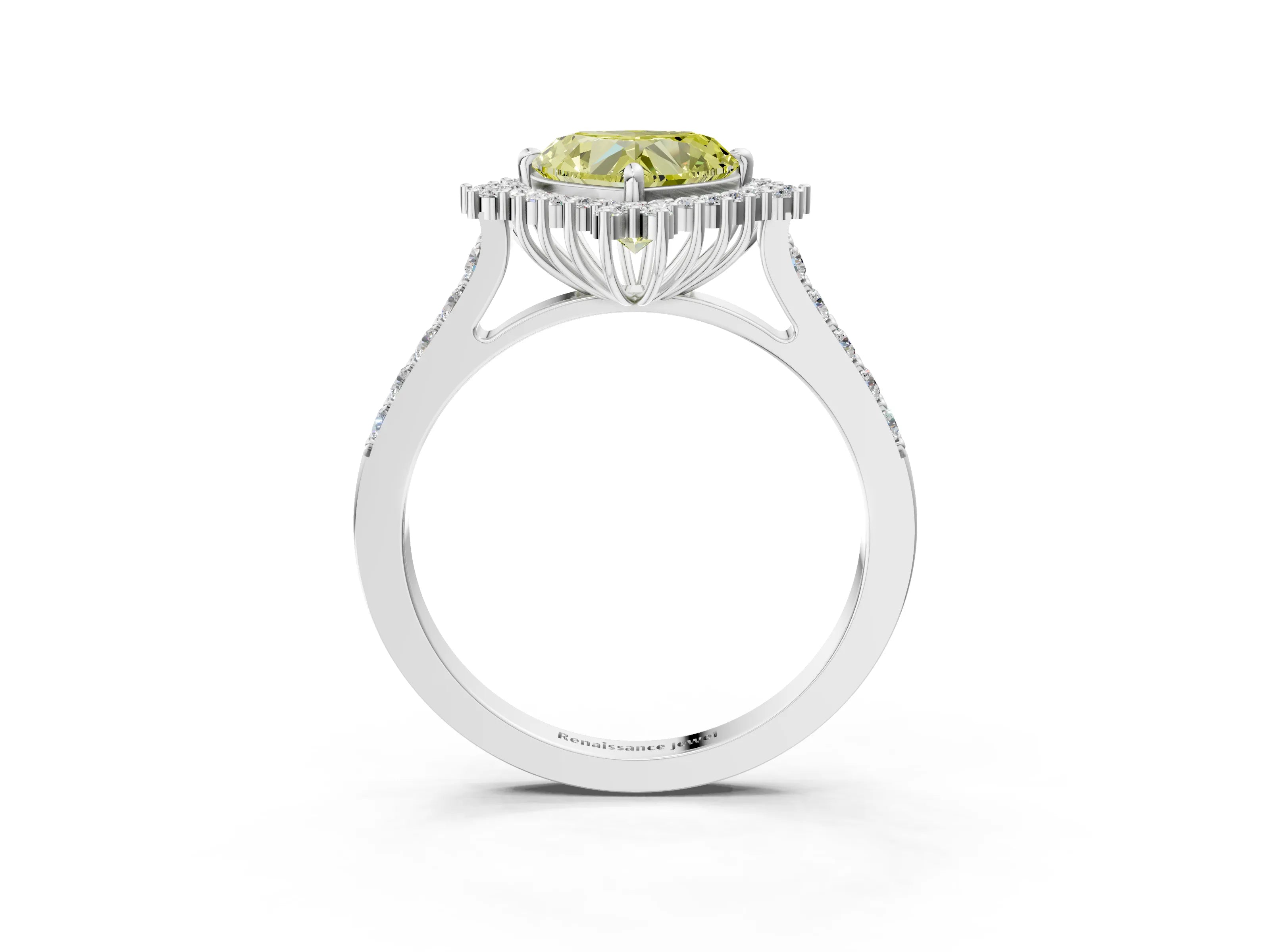 White gold Fancy Yellow Heart Cut Cut Diamond Sunburst Halo Engagement Ring with Pavé Band_15