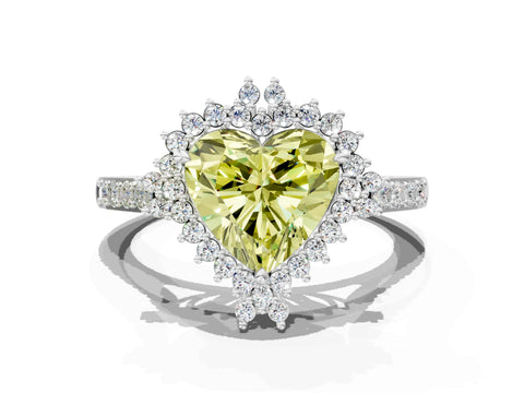 White gold Fancy Yellow Heart Cut Cut Diamond Sunburst Halo Engagement Ring with Pavé Band