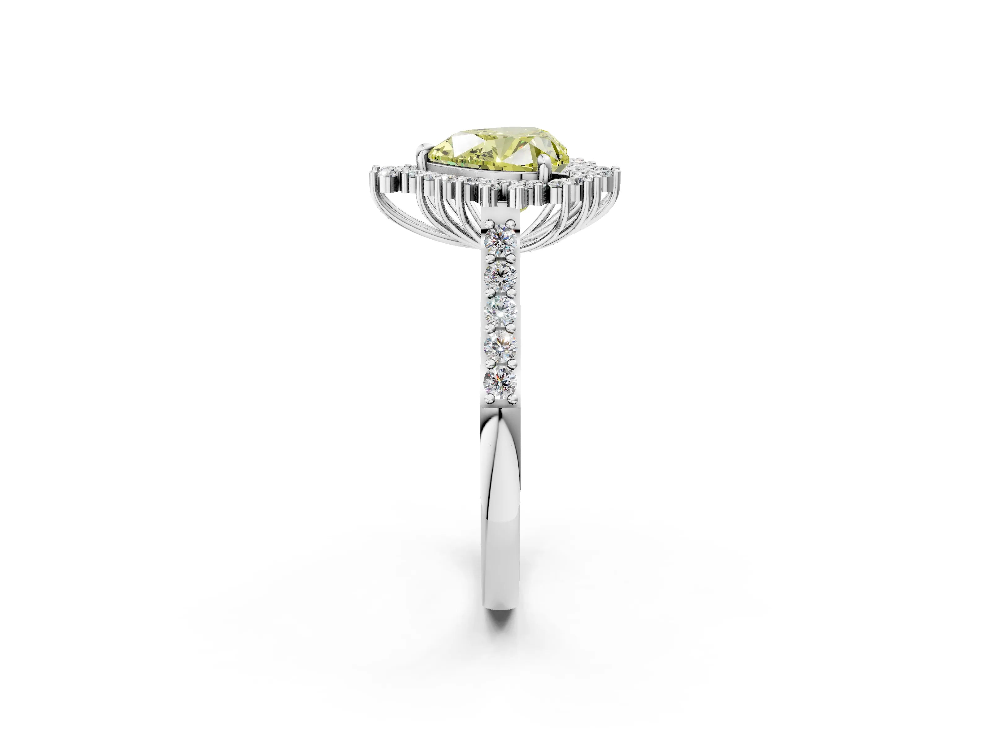 White gold Fancy Yellow Heart Cut Cut Diamond Sunburst Halo Engagement Ring with Pavé Band_2