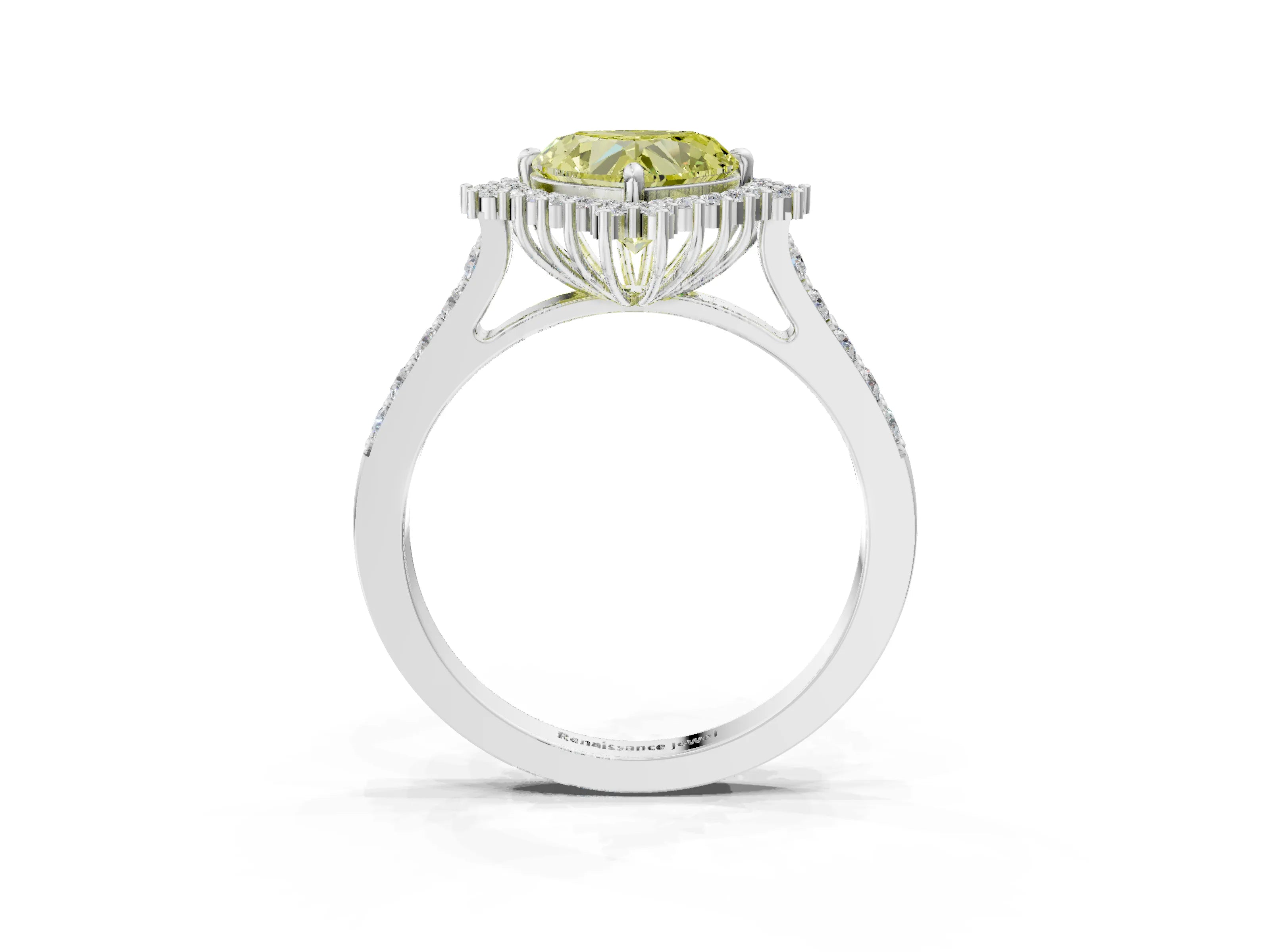 White gold Fancy Yellow Heart Cut Cut Diamond Sunburst Halo Engagement Ring with Pavé Band_3