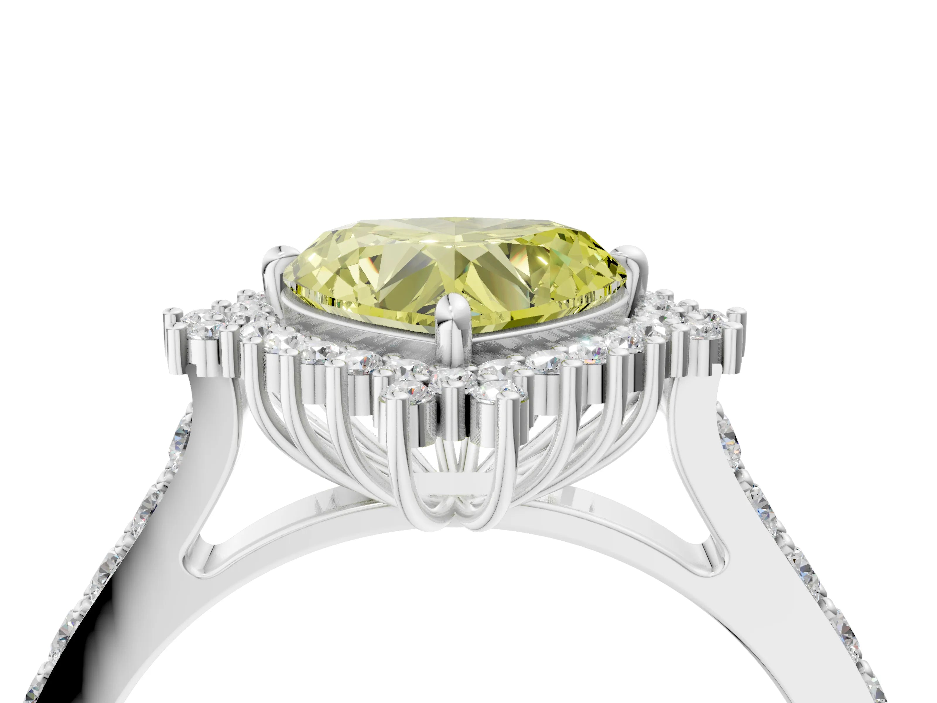White gold Fancy Yellow Heart Cut Cut Diamond Sunburst Halo Engagement Ring with Pavé Band_4