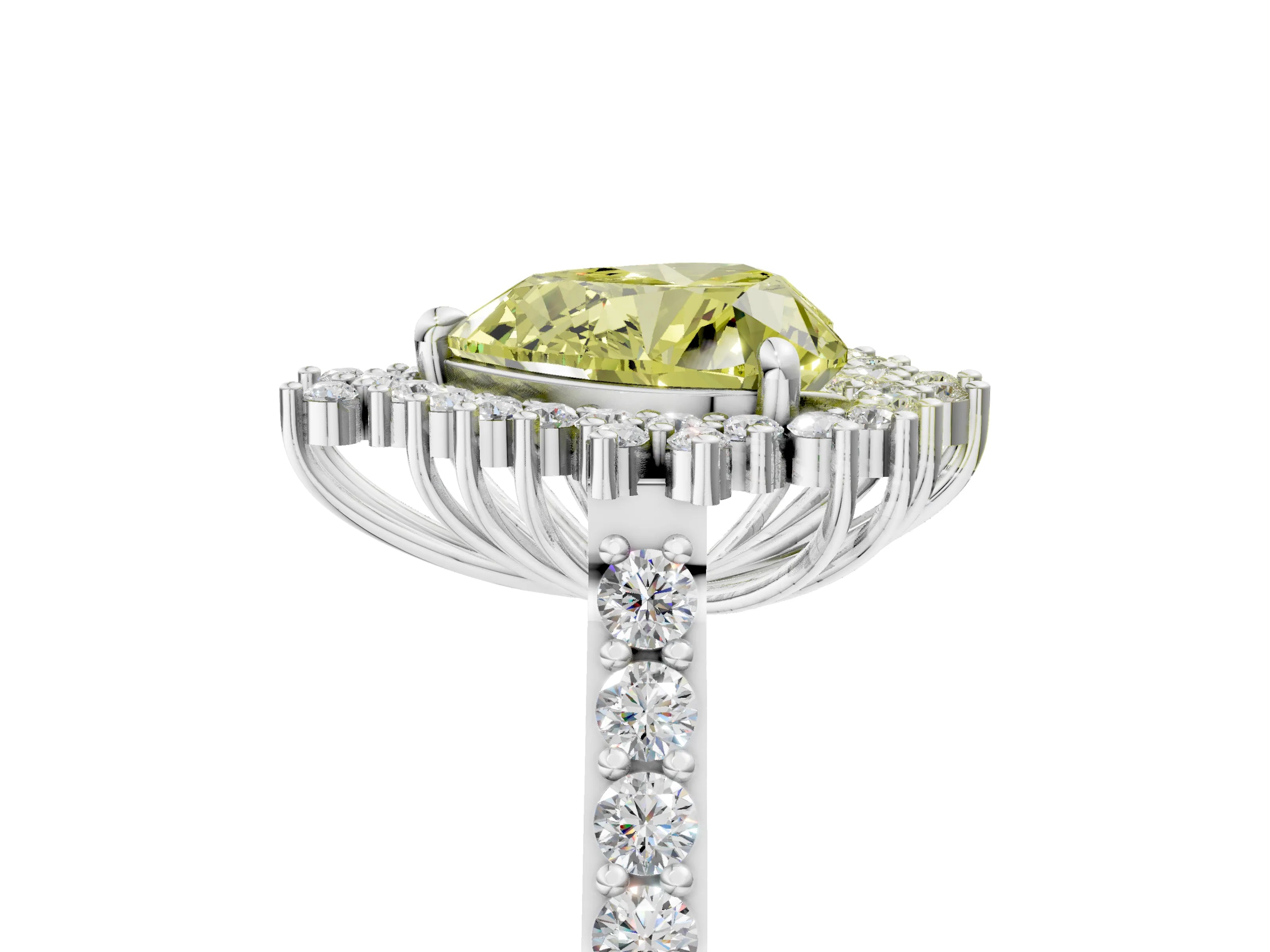 White gold Fancy Yellow Heart Cut Cut Diamond Sunburst Halo Engagement Ring with Pavé Band_5
