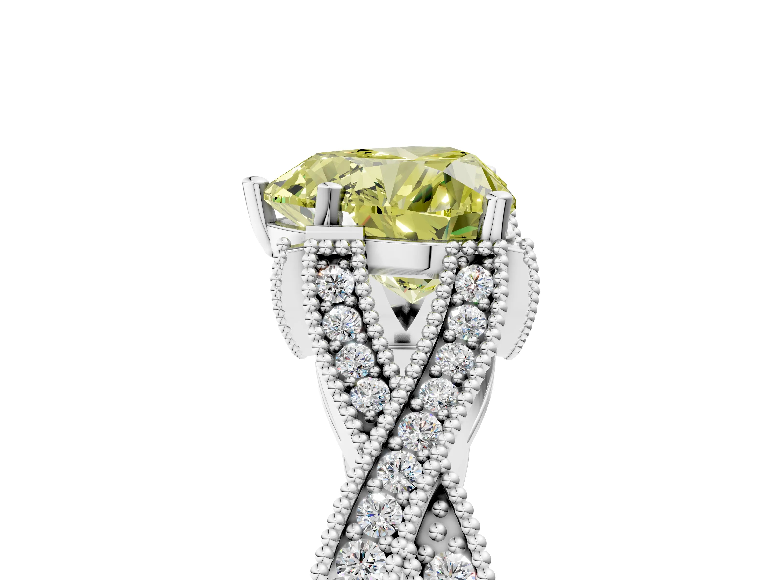 White gold Fancy Yellow Heart Cut Cut Diamond Twisted Band with Milgrain Pave Setting and Four-Prong Setting_11