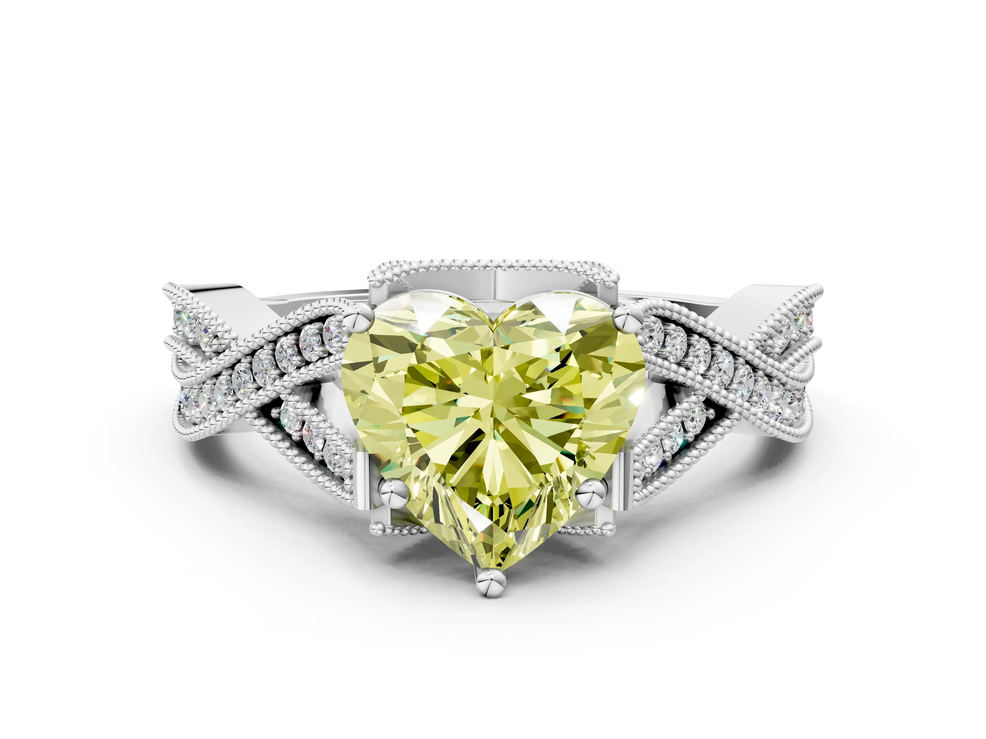 White gold Fancy Yellow Heart Cut Cut Diamond Twisted Band with Milgrain Pave Setting and Four-Prong Setting_12
