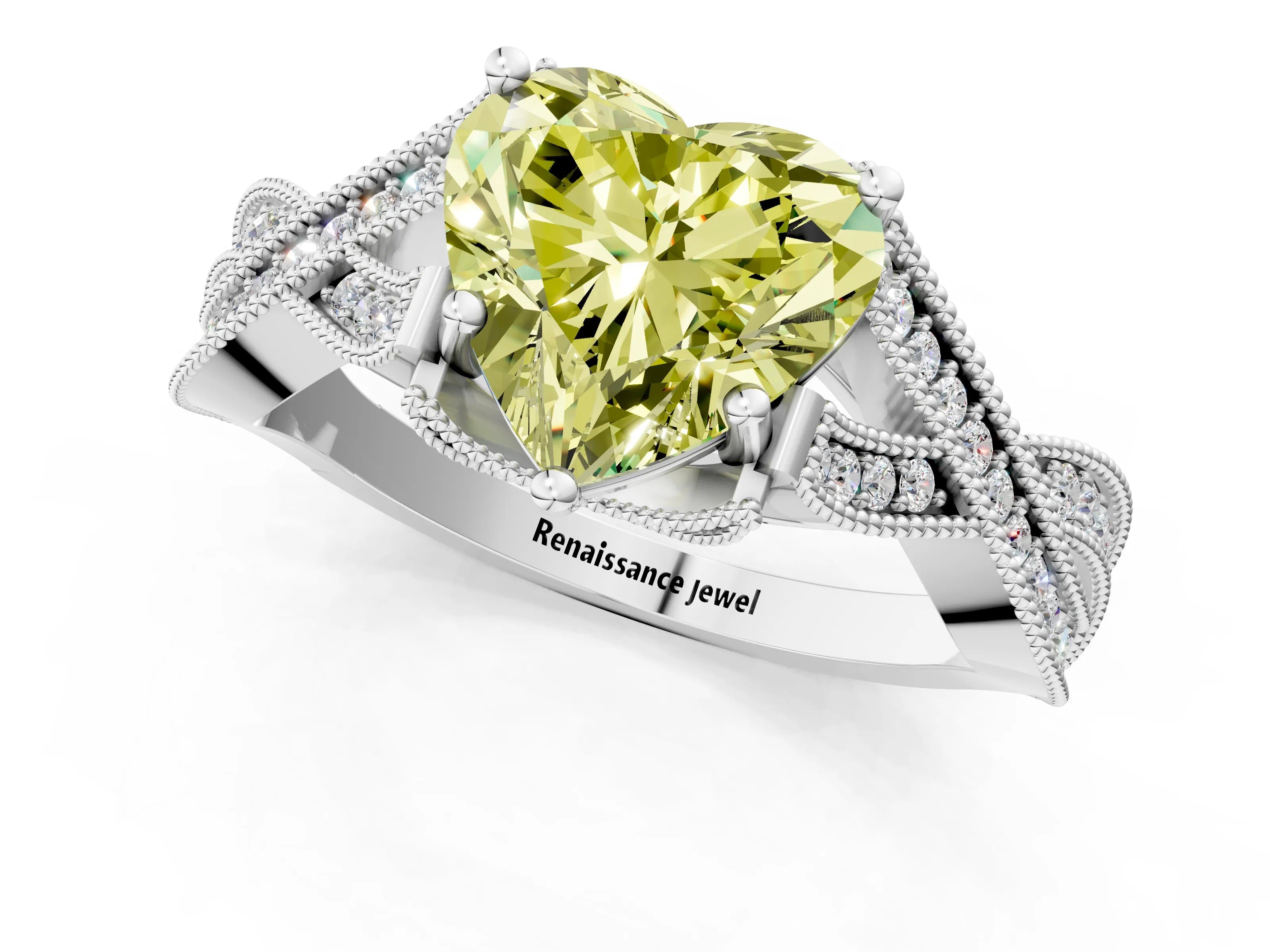 White gold Fancy Yellow Heart Cut Cut Diamond Twisted Band with Milgrain Pave Setting and Four-Prong Setting_13