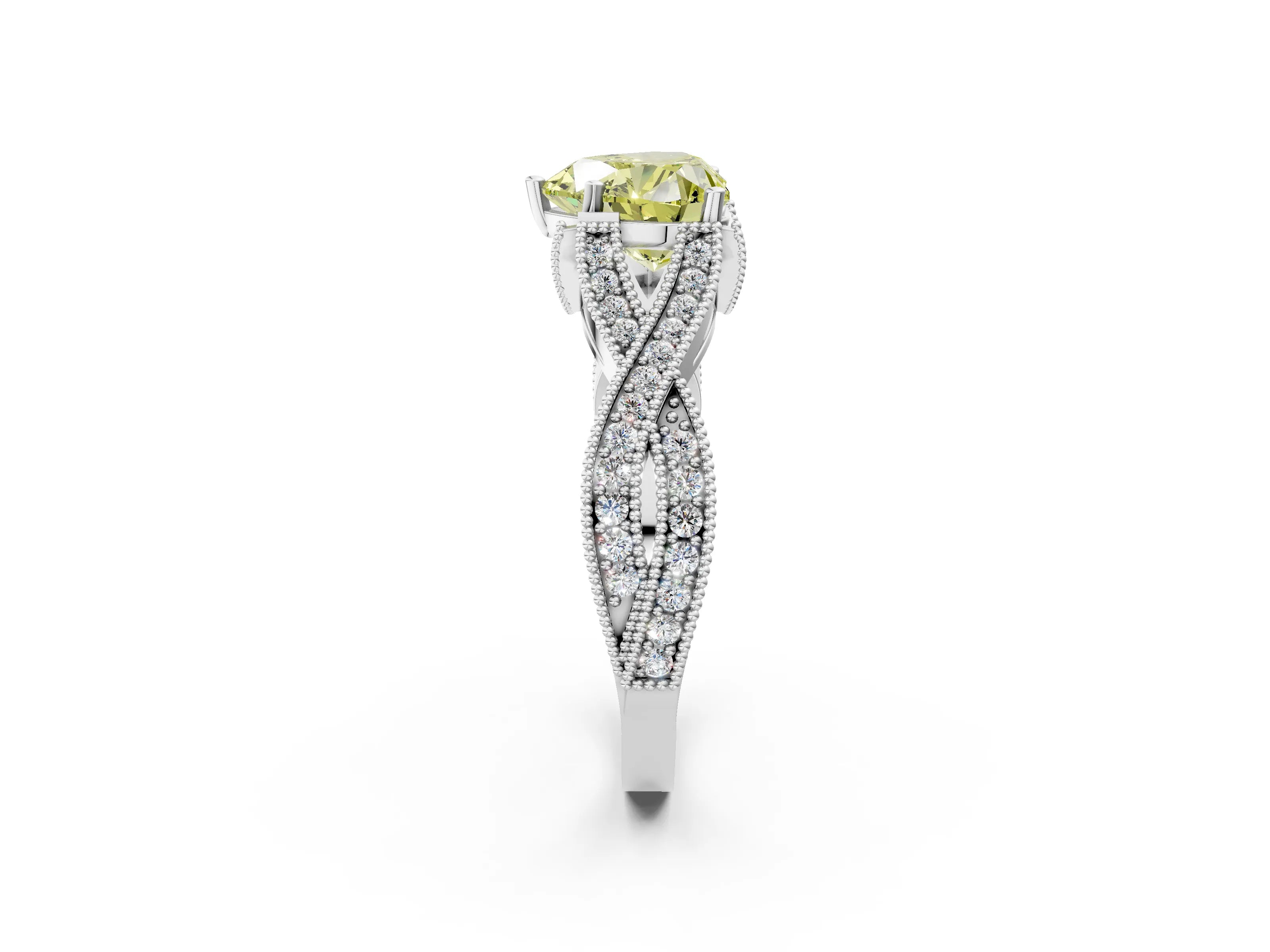 White gold Fancy Yellow Heart Cut Cut Diamond Twisted Band with Milgrain Pave Setting and Four-Prong Setting_14