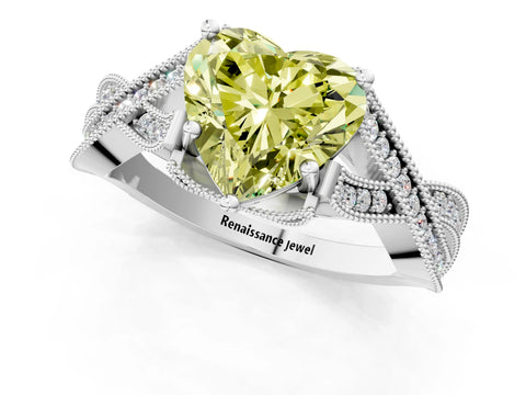 White gold Fancy Yellow Heart Cut Cut Diamond Twisted Band with Milgrain Pave Setting and Four-Prong Setting_1