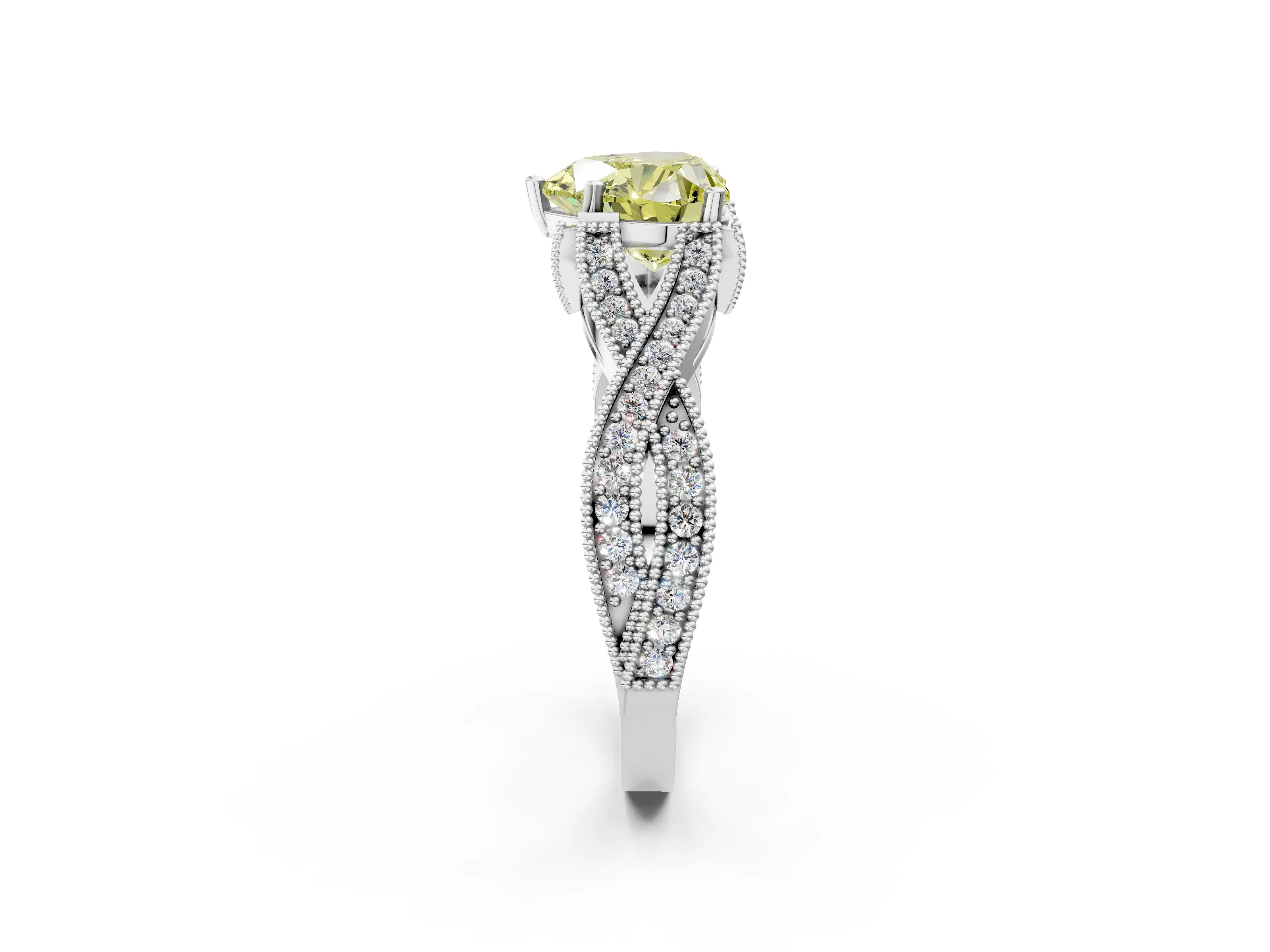 White gold Fancy Yellow Heart Cut Cut Diamond Twisted Band with Milgrain Pave Setting and Four-Prong Setting_2