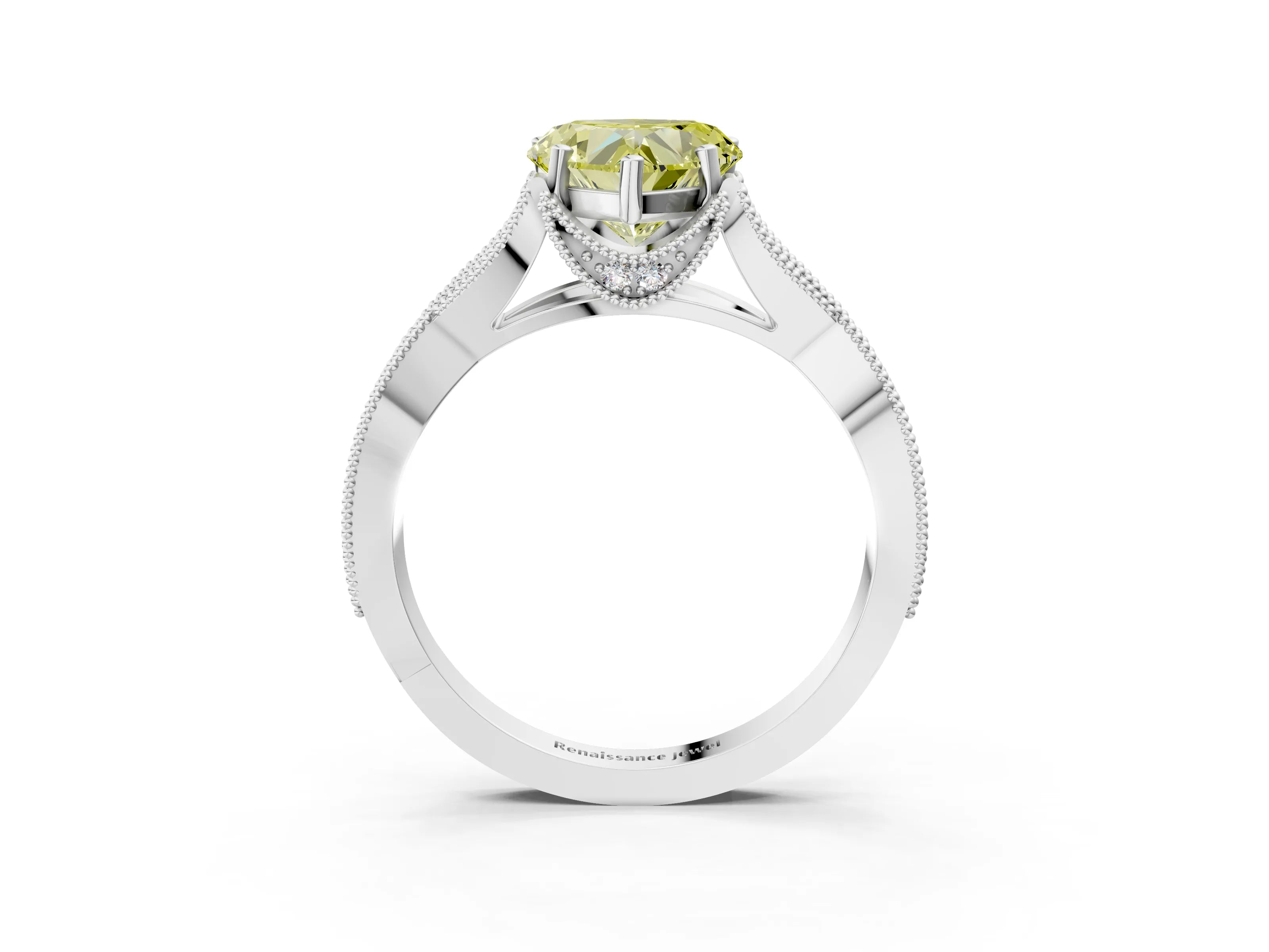 White gold Fancy Yellow Heart Cut Cut Diamond Twisted Band with Milgrain Pave Setting and Four-Prong Setting_3