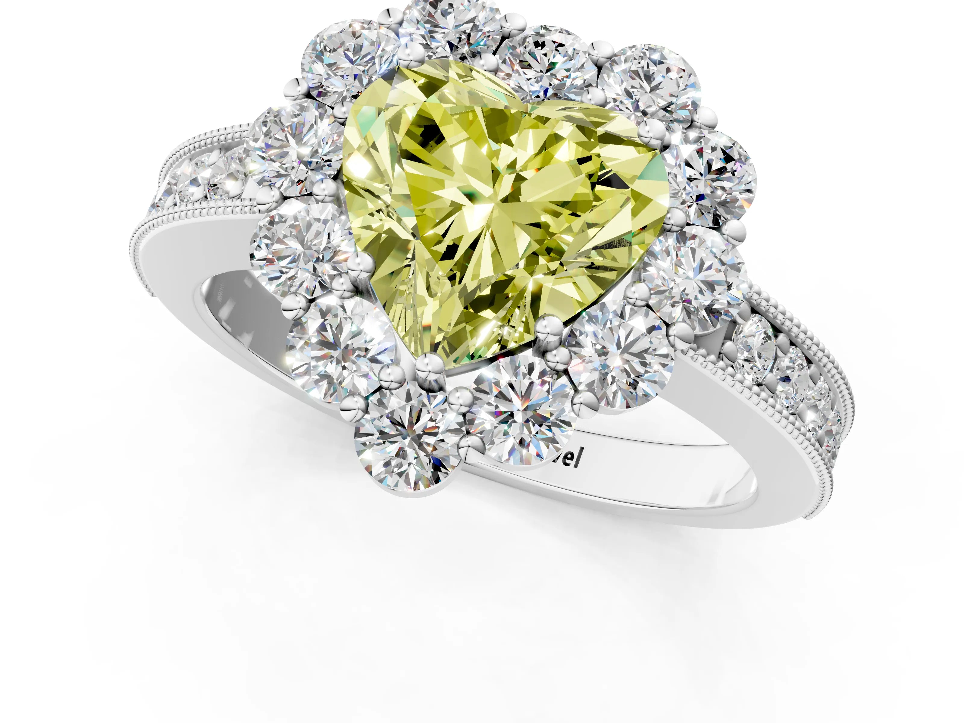 White gold Fancy Yellow Heart Cut Cut Halo Diamond Pavé Engagement Ring with Milgrain Detailing_13