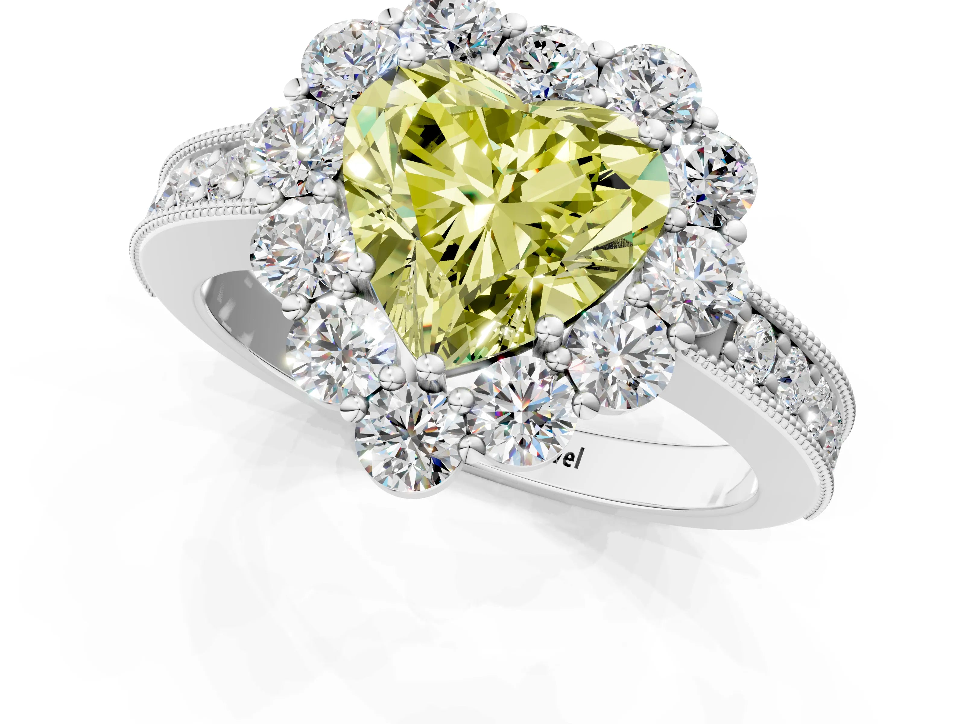 White gold Fancy Yellow Heart Cut Cut Halo Diamond Pavé Engagement Ring with Milgrain Detailing_1