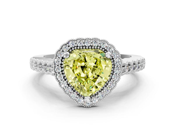 Platinum Fancy Yellow Heart Cut Cut Halo Pavé Solitaire Ring with Milgrain Band