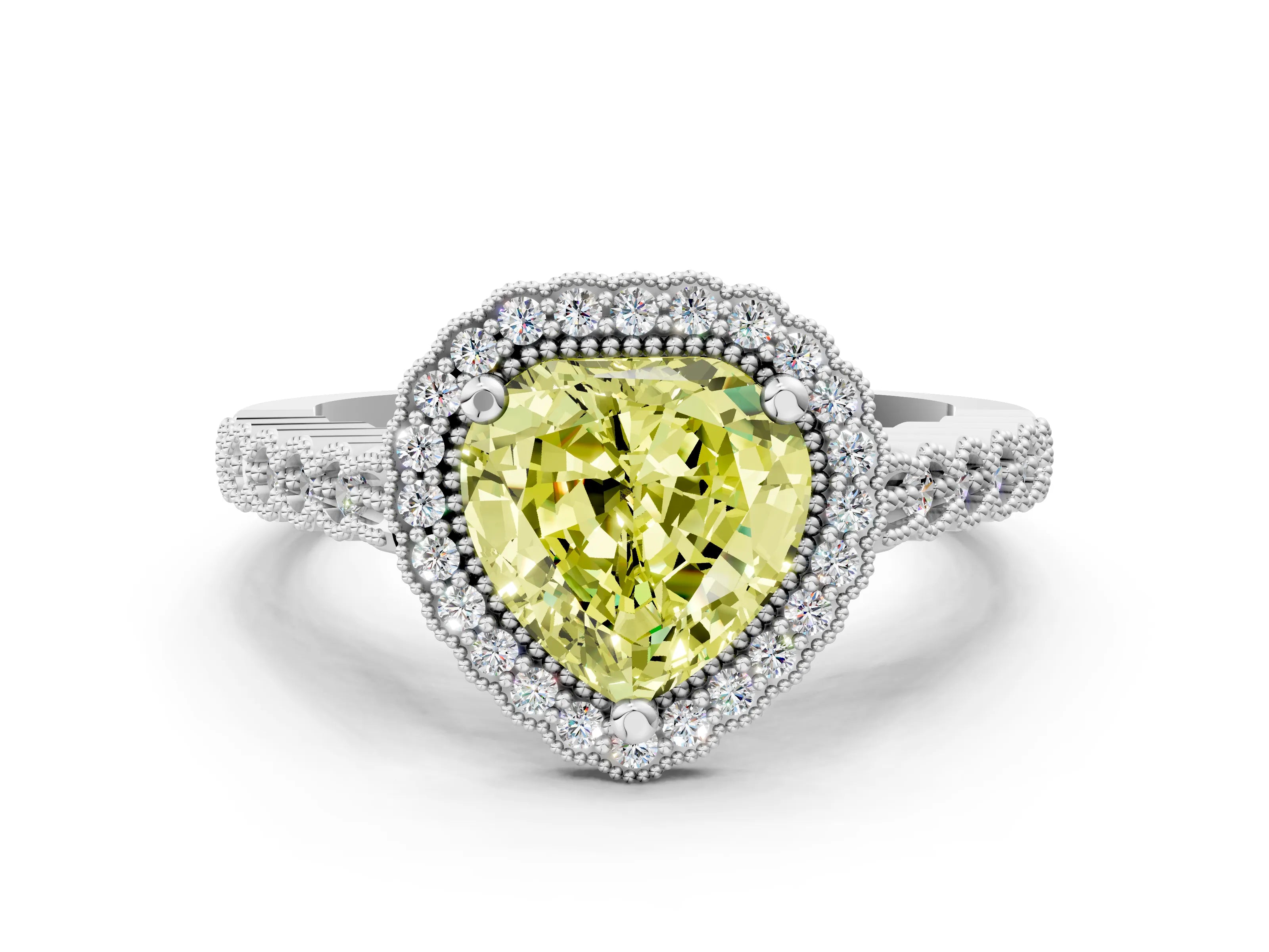 White gold Fancy Yellow Heart Cut Cut Halo Pavé Solitaire Ring with Milgrain Band_12
