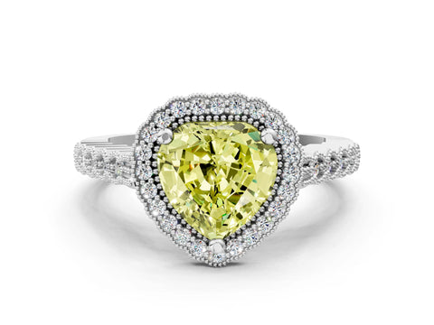 White gold Fancy Yellow Heart Cut Cut Halo Pavé Solitaire Ring with Milgrain Band_12