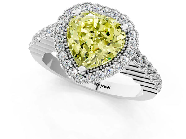 Platinum Fancy Yellow Heart Cut Cut Halo Pavé Solitaire Ring with Milgrain Band