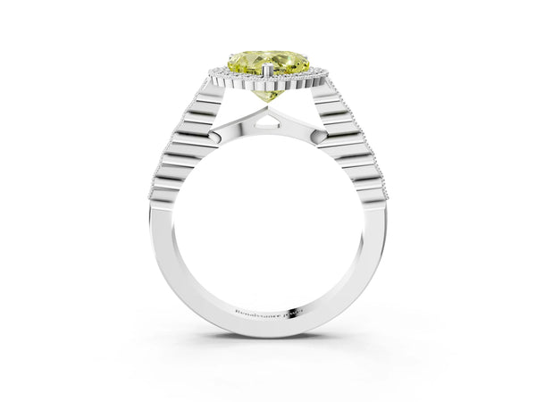Platinum Fancy Yellow Heart Cut Cut Halo Pavé Solitaire Ring with Milgrain Band