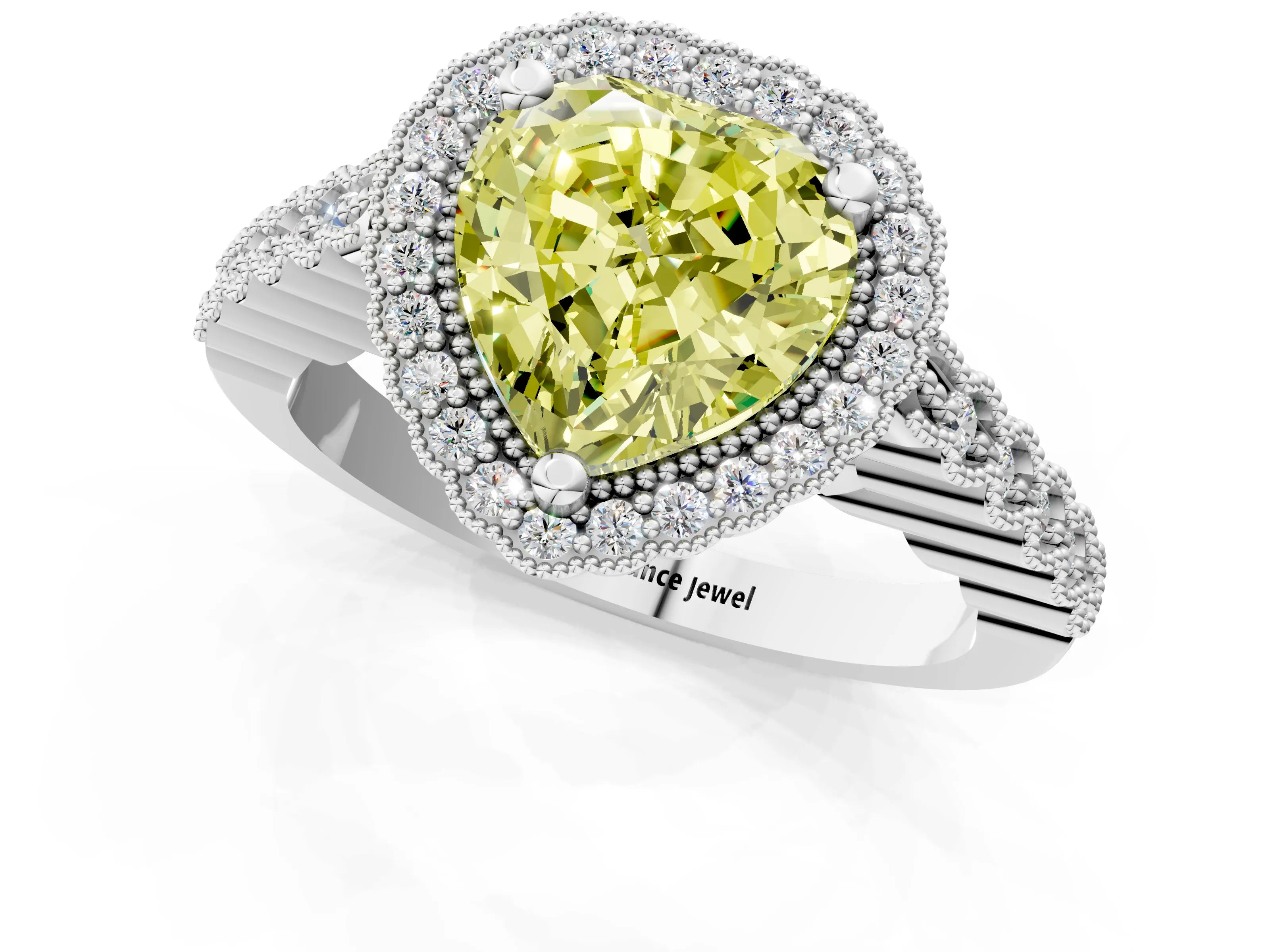 White gold Fancy Yellow Heart Cut Cut Halo Pavé Solitaire Ring with Milgrain Band_1