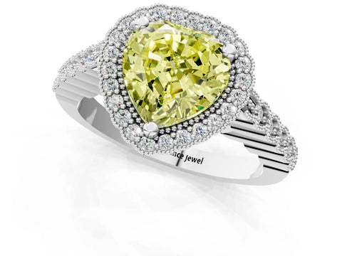 White gold Fancy Yellow Heart Cut Cut Halo Pavé Solitaire Ring with Milgrain Band_1