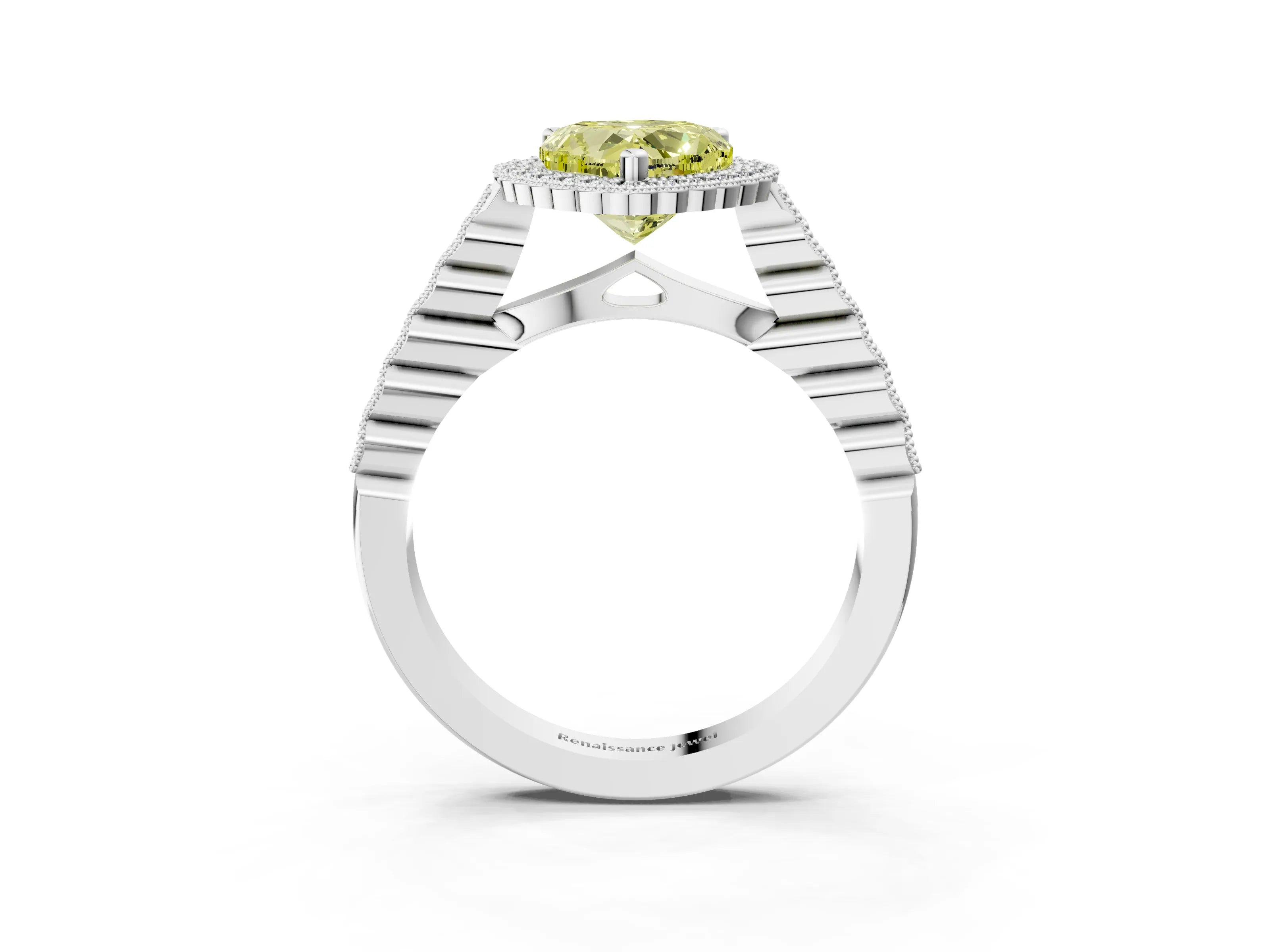 White gold Fancy Yellow Heart Cut Cut Halo Pavé Solitaire Ring with Milgrain Band_3