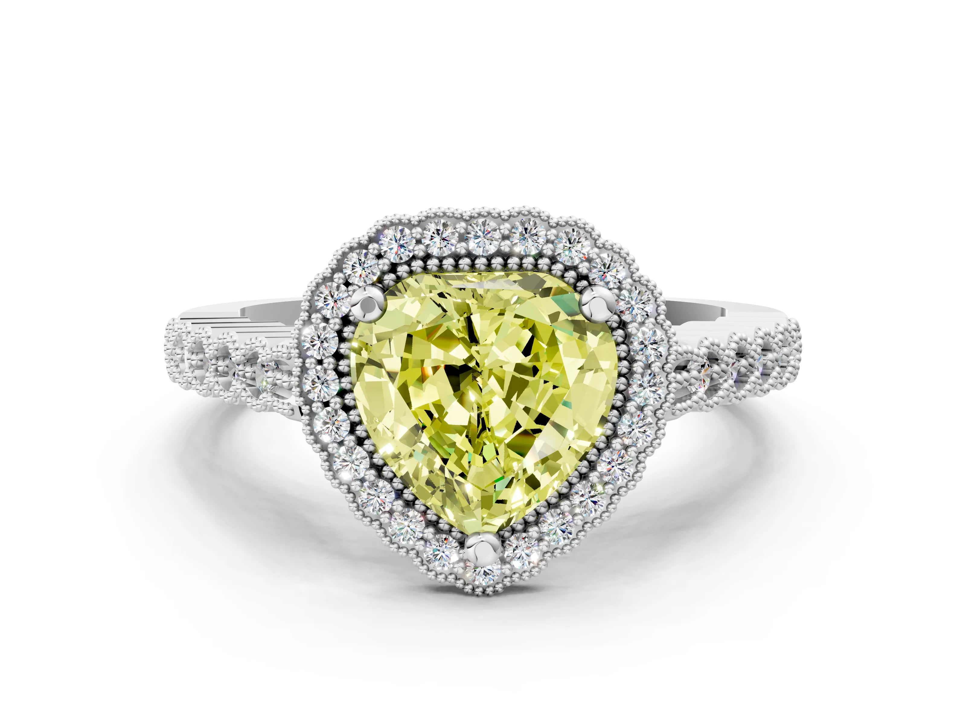 White gold Fancy Yellow Heart Cut Cut Halo Pavé Solitaire Ring with Milgrain Band