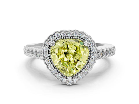 White gold Fancy Yellow Heart Cut Cut Halo Pavé Solitaire Ring with Milgrain Band