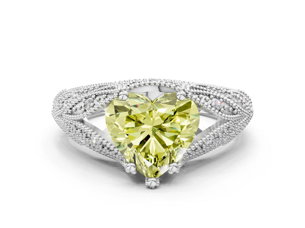 Platinum Fancy Yellow Heart Cut Cut Milgrain Pave Diamond Engagement Ring with Four-Prong Setting