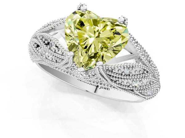 Platinum Fancy Yellow Heart Cut Cut Milgrain Pave Diamond Engagement Ring with Four-Prong Setting