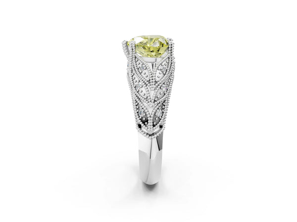 Platinum Fancy Yellow Heart Cut Cut Milgrain Pave Diamond Engagement Ring with Four-Prong Setting