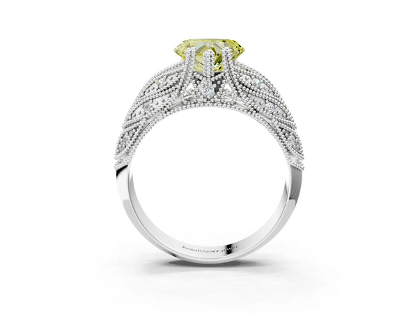 Platinum Fancy Yellow Heart Cut Cut Milgrain Pave Diamond Engagement Ring with Four-Prong Setting