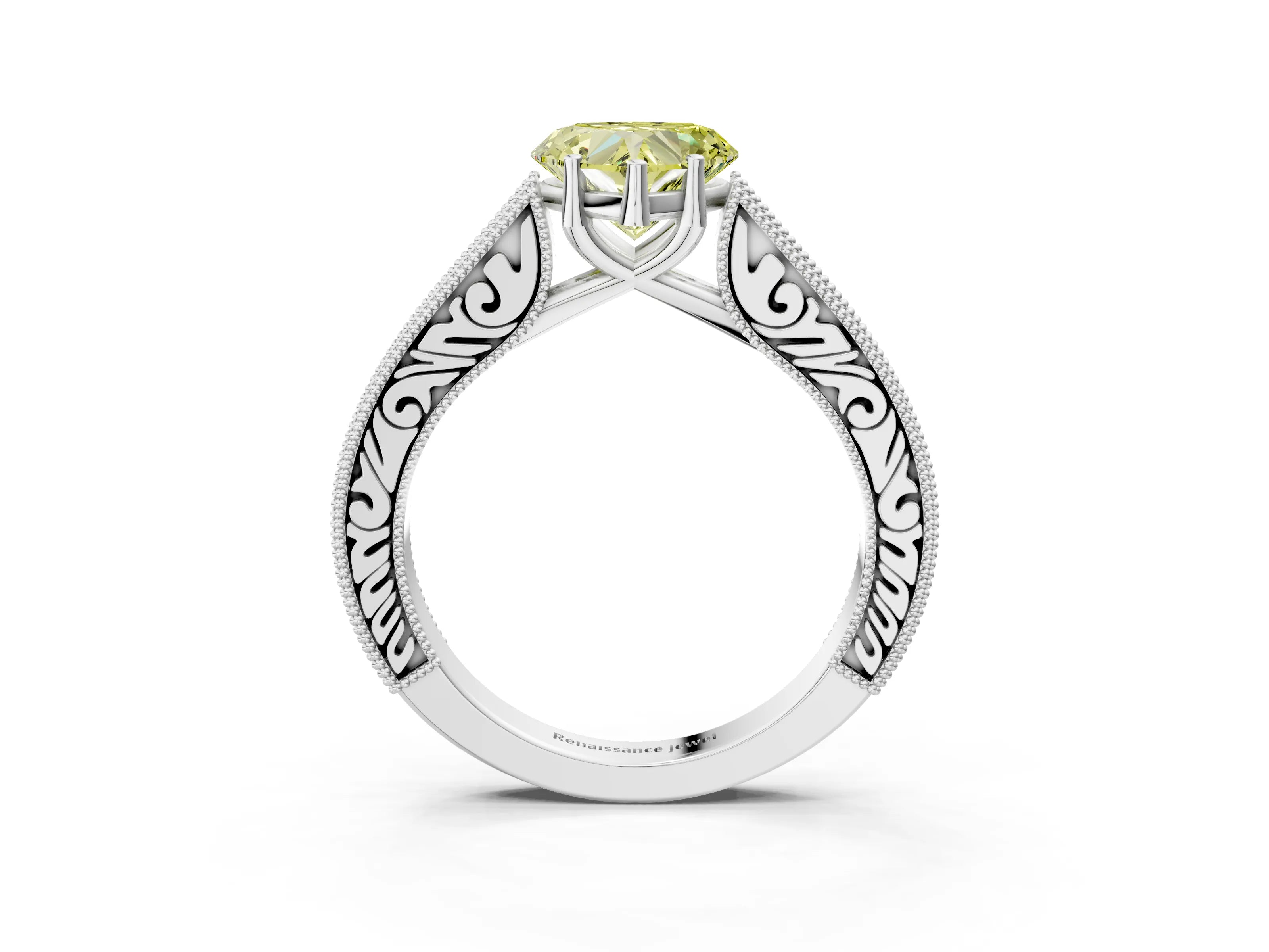 White gold Fancy Yellow Heart Cut Cut Pave Band Milgrain Solitaire Ring_11