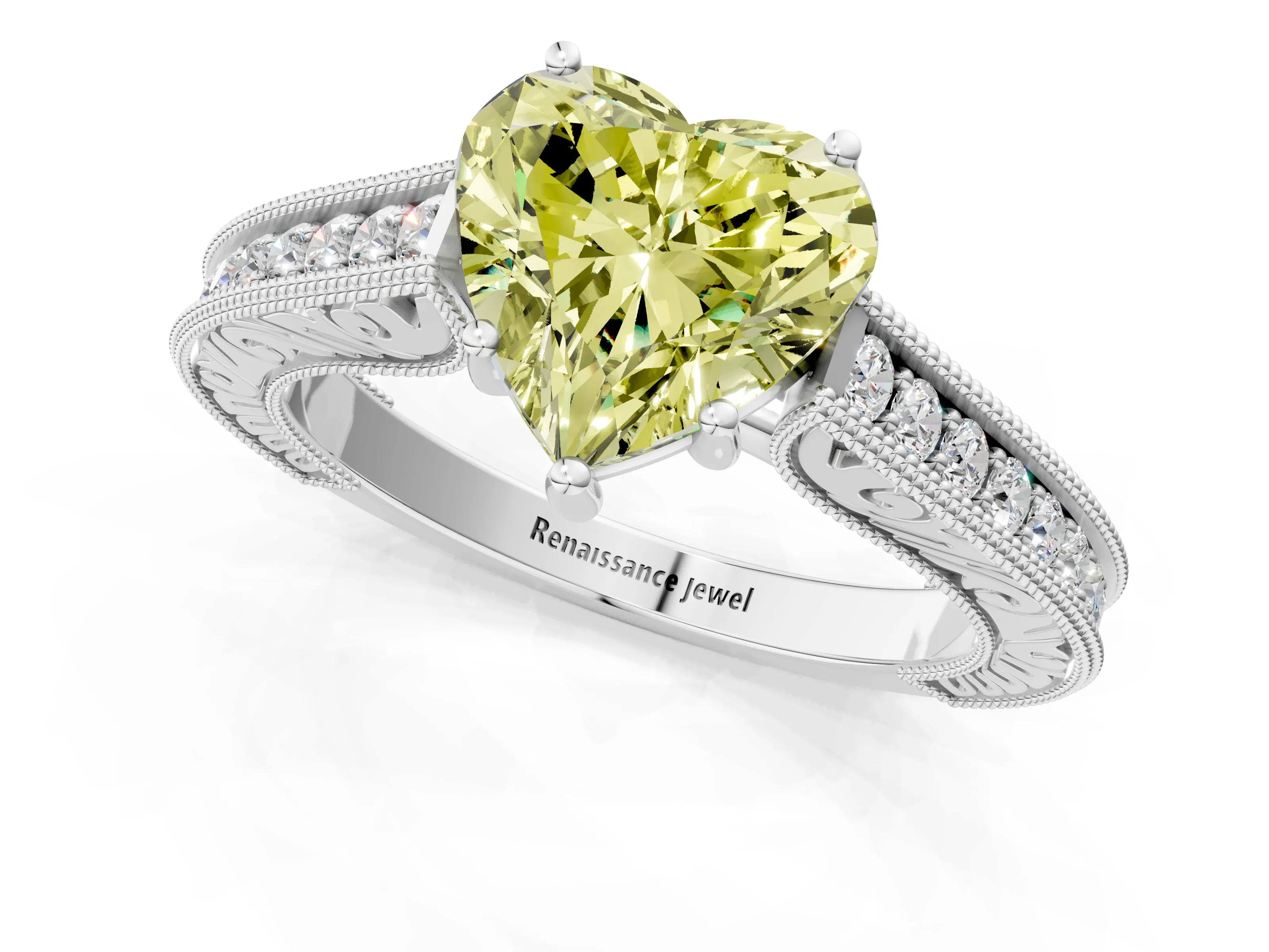 White gold Fancy Yellow Heart Cut Cut Pave Band Milgrain Solitaire Ring_1