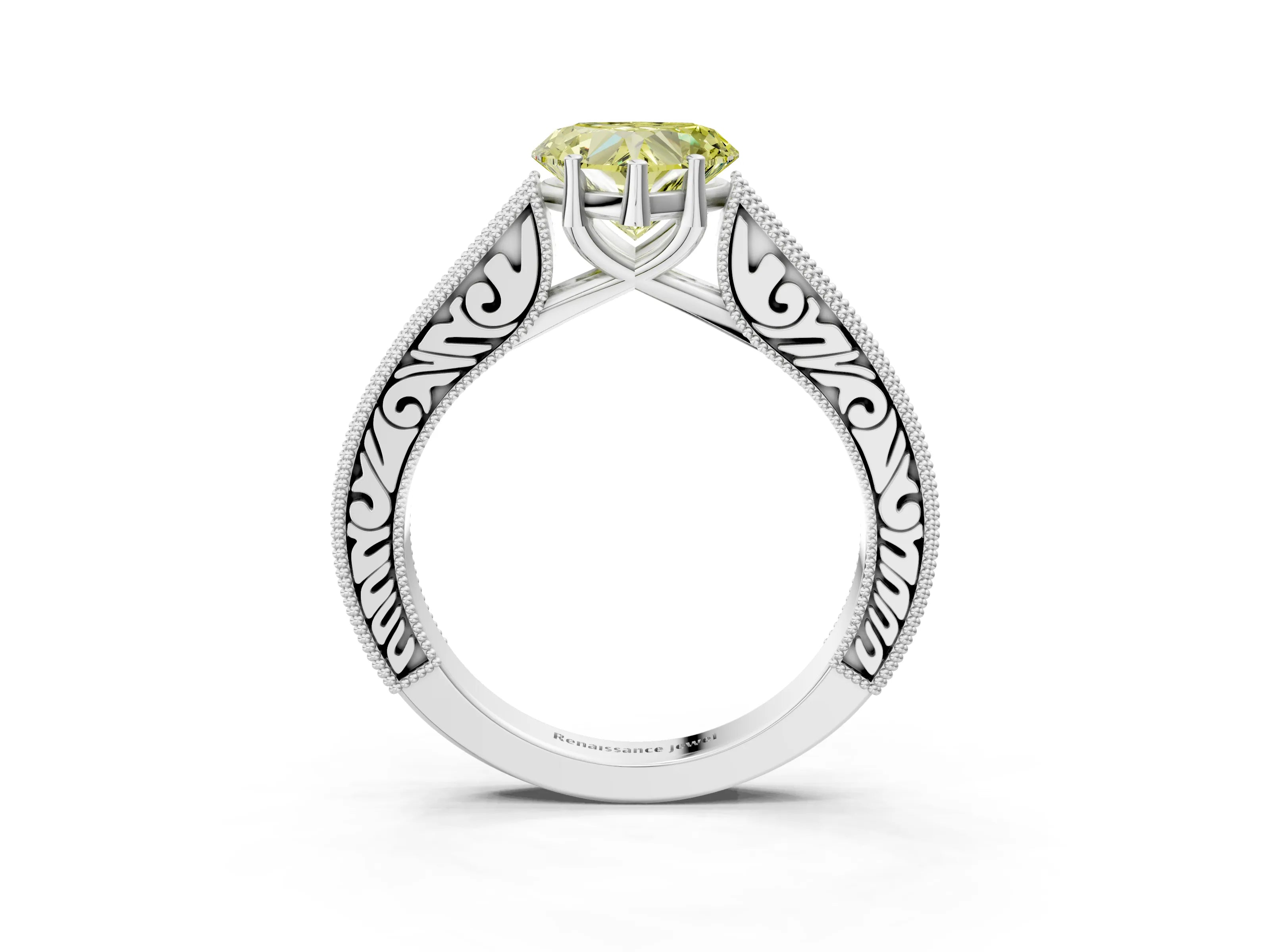 White gold Fancy Yellow Heart Cut Cut Pave Band Milgrain Solitaire Ring_3