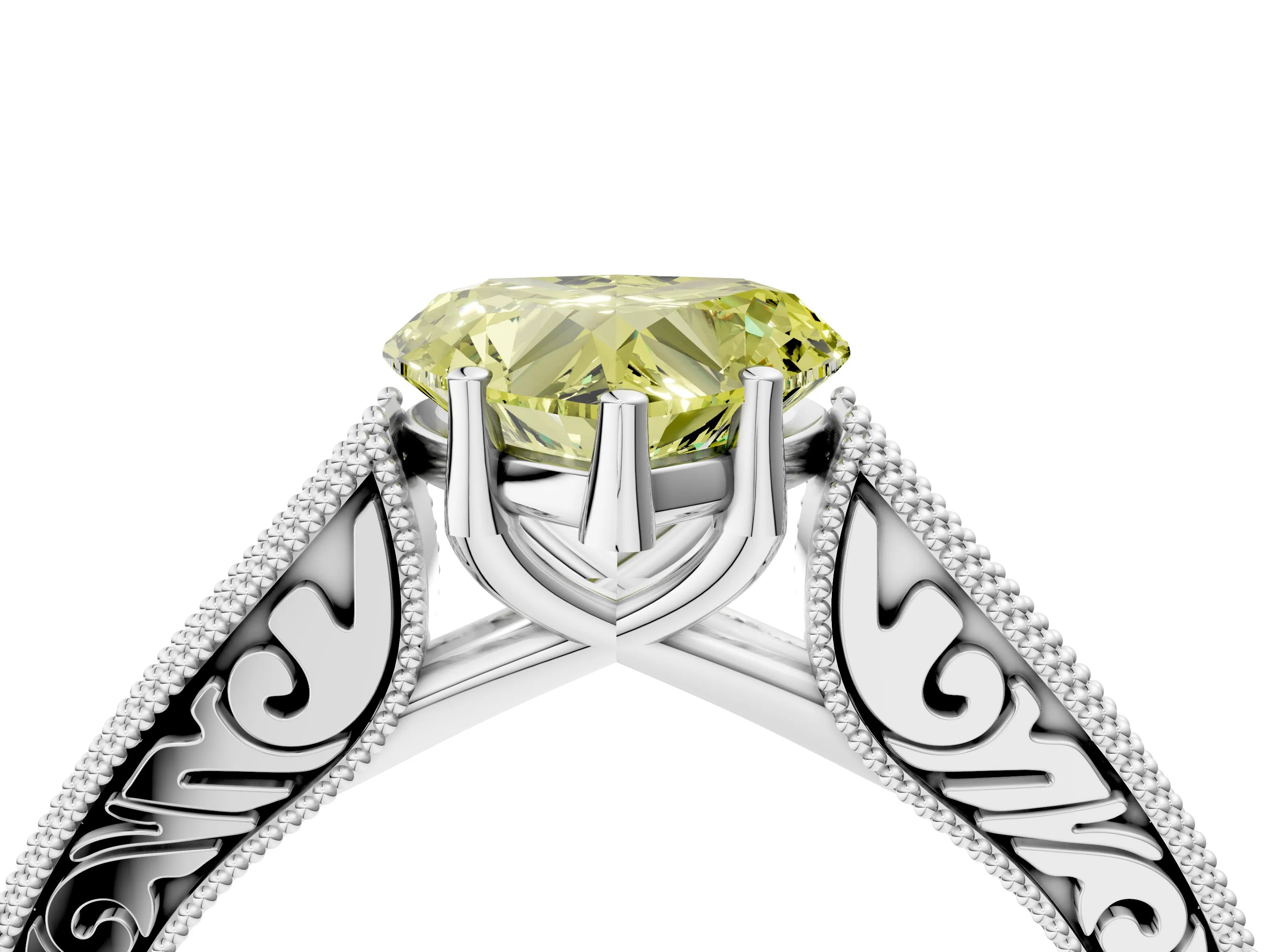 White gold Fancy Yellow Heart Cut Cut Pave Band Milgrain Solitaire Ring_4