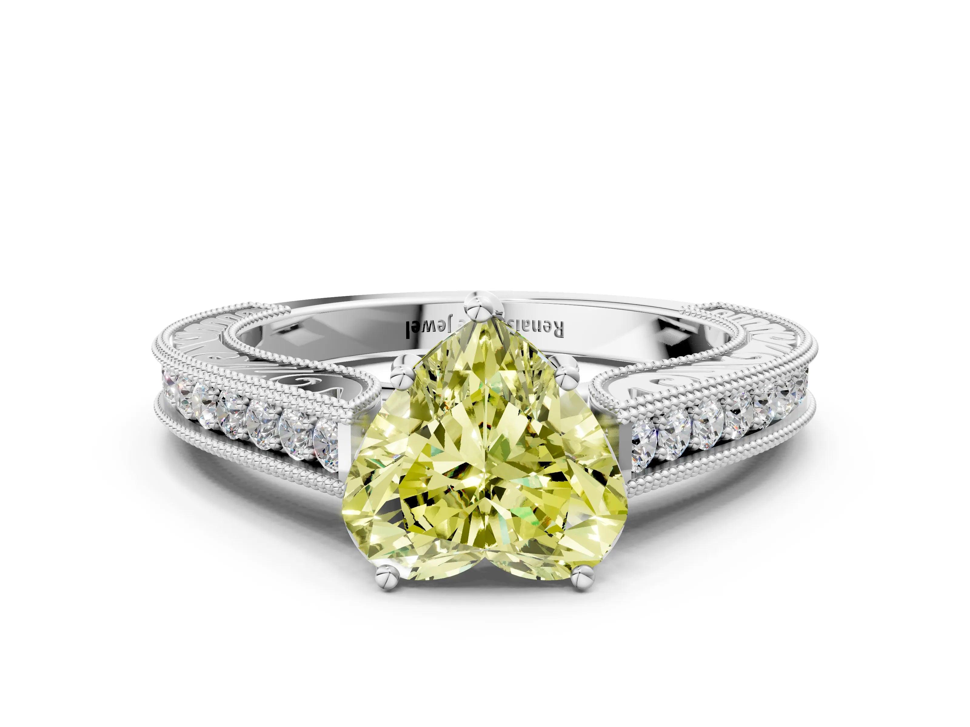 White gold Fancy Yellow Heart Cut Cut Pave Band Milgrain Solitaire Ring_8