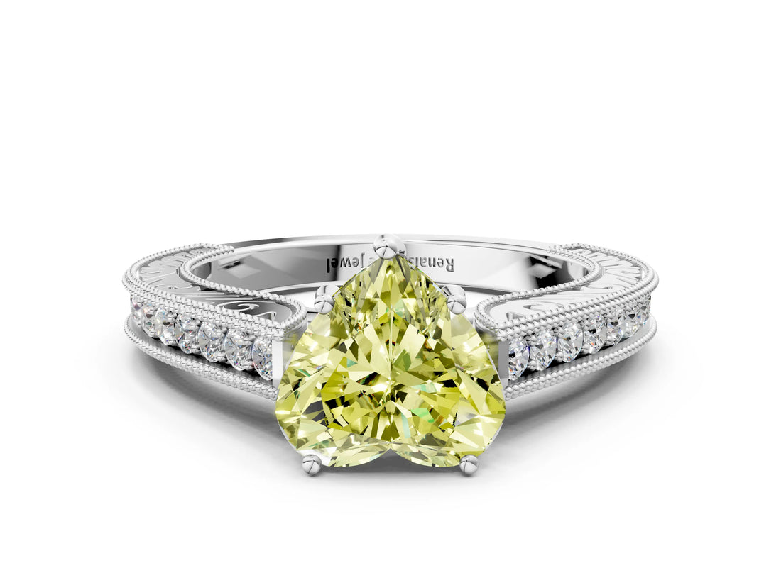 White gold Fancy Yellow Heart Cut Cut Pave Band Milgrain Solitaire Ring_8