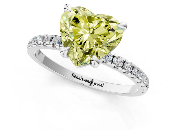 White gold Fancy Yellow Heart Cut Diamond Brilliant Solitaire Ring with Pavé Band and Four-Prong Setting