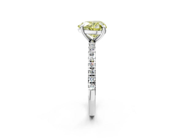 White gold Fancy Yellow Heart Cut Diamond Brilliant Solitaire Ring with Pavé Band and Four-Prong Setting