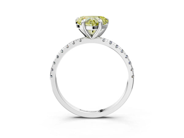 White gold Fancy Yellow Heart Cut Diamond Brilliant Solitaire Ring with Pavé Band and Four-Prong Setting