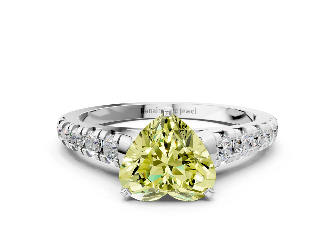 White gold Fancy Yellow Heart Cut Diamond Cathedral Solitaire Ring with Round  Pavé Band_238