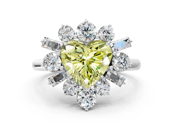 Platinum Fancy Yellow Heart Cut Diamond Cluster Ring with Round and Baguette Stones, Split Shank Band, Prong Setting