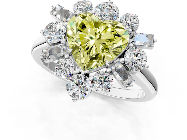 Platinum Fancy Yellow Heart Cut Diamond Cluster Ring with Round and Baguette Stones, Split Shank Band, Prong Setting