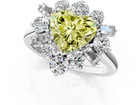 White gold Fancy Yellow Heart Cut Diamond Cluster Ring with Round and Baguette Stones, Split Shank Band, Prong Setting_13