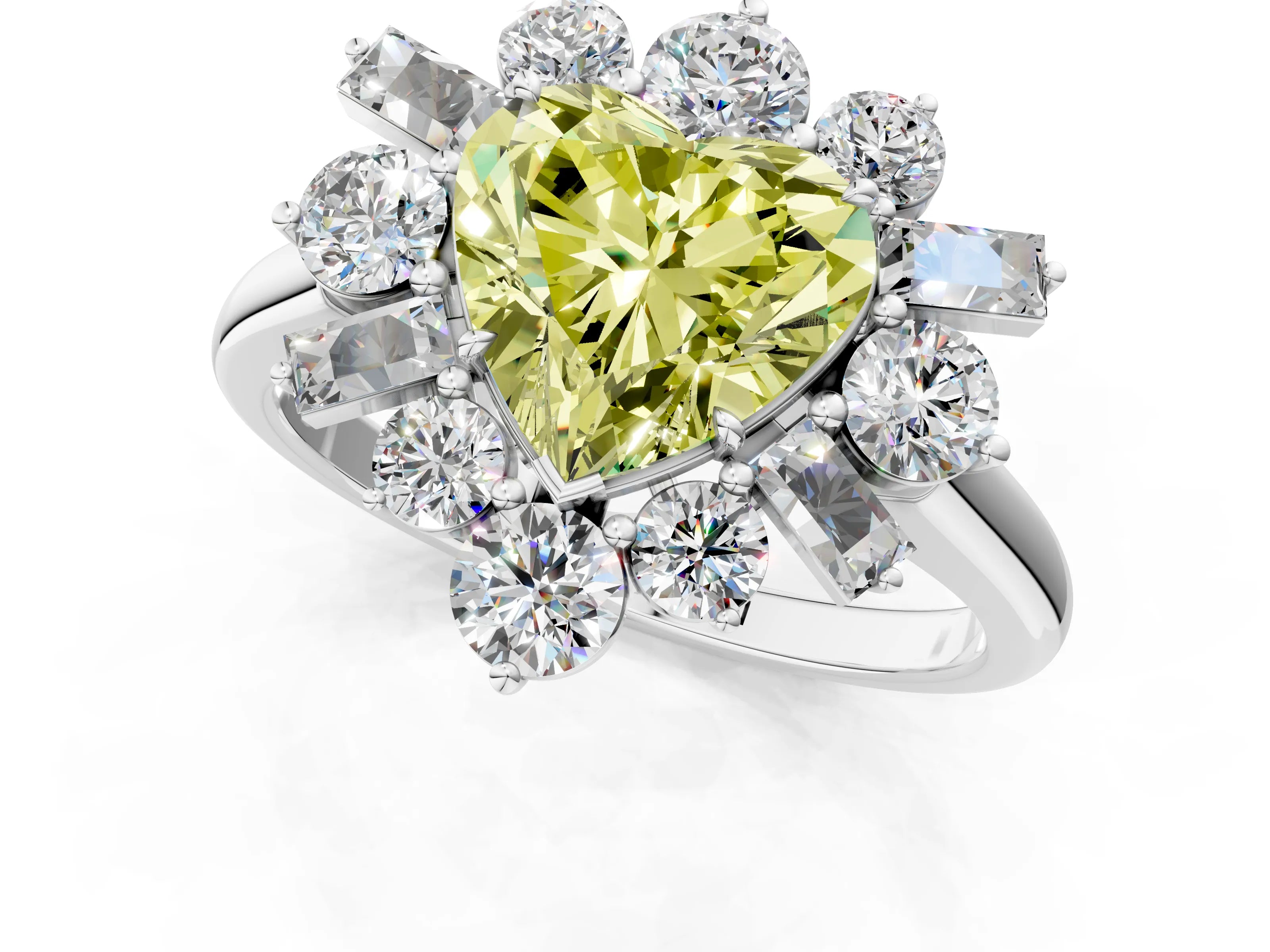 White gold Fancy Yellow Heart Cut Diamond Cluster Ring with Round and Baguette Stones, Split Shank Band, Prong Setting_13