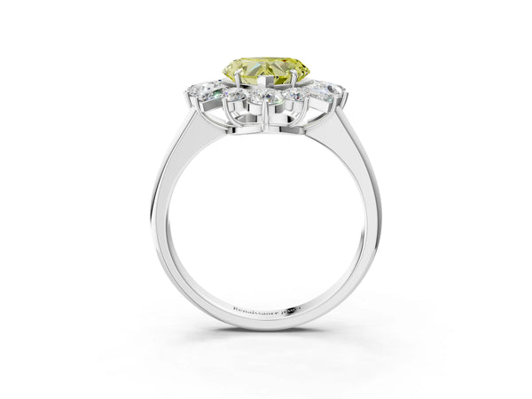 Platinum Fancy Yellow Heart Cut Diamond Cluster Ring with Round and Baguette Stones, Split Shank Band, Prong Setting