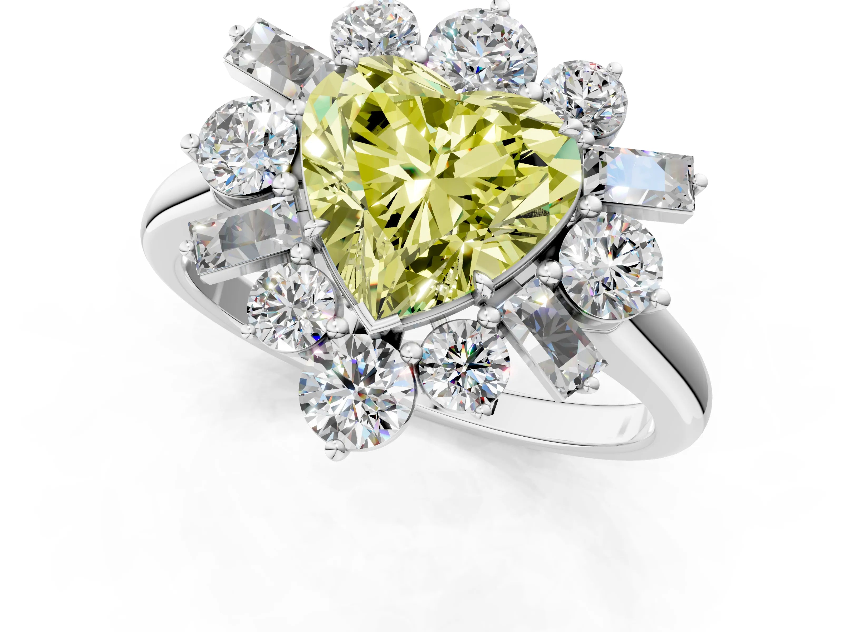 White gold Fancy Yellow Heart Cut Diamond Cluster Ring with Round and Baguette Stones, Split Shank Band, Prong Setting_1