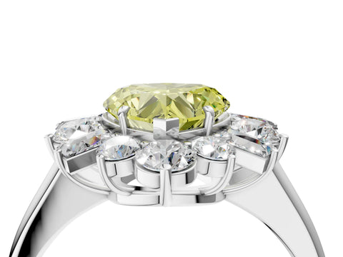 White gold Fancy Yellow Heart Cut Diamond Cluster Ring with Round and Baguette Stones, Split Shank Band, Prong Setting_4