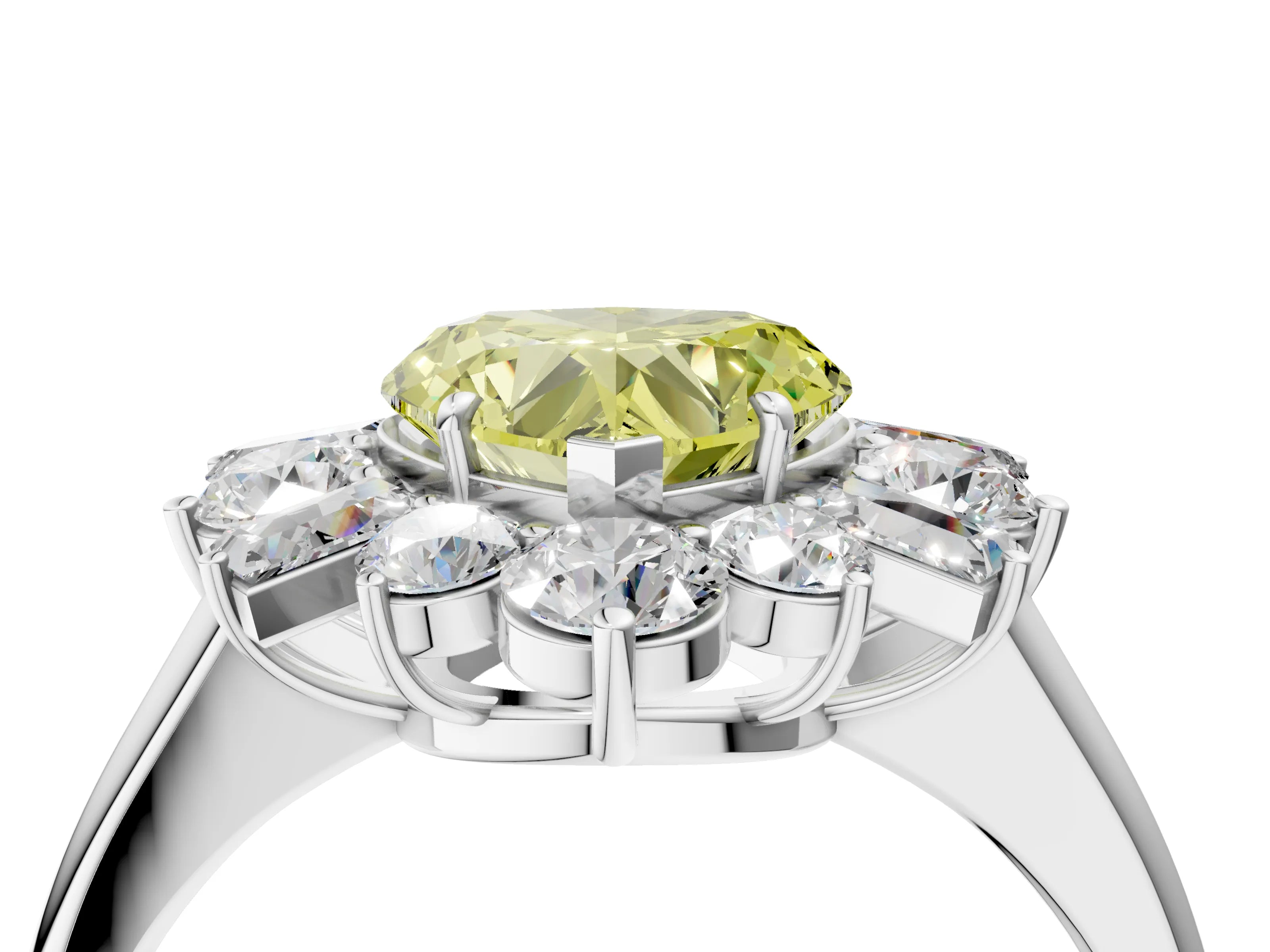 White gold Fancy Yellow Heart Cut Diamond Cluster Ring with Round and Baguette Stones, Split Shank Band, Prong Setting_4