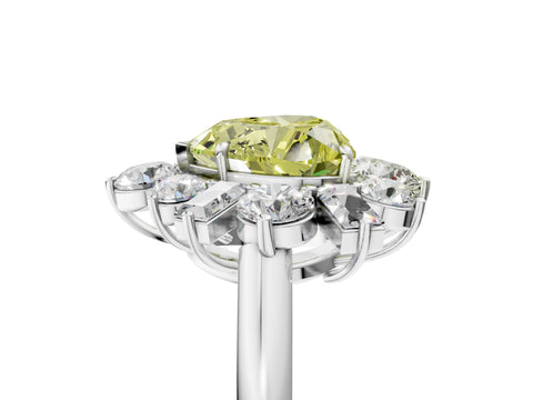 White gold Fancy Yellow Heart Cut Diamond Cluster Ring with Round and Baguette Stones, Split Shank Band, Prong Setting_5