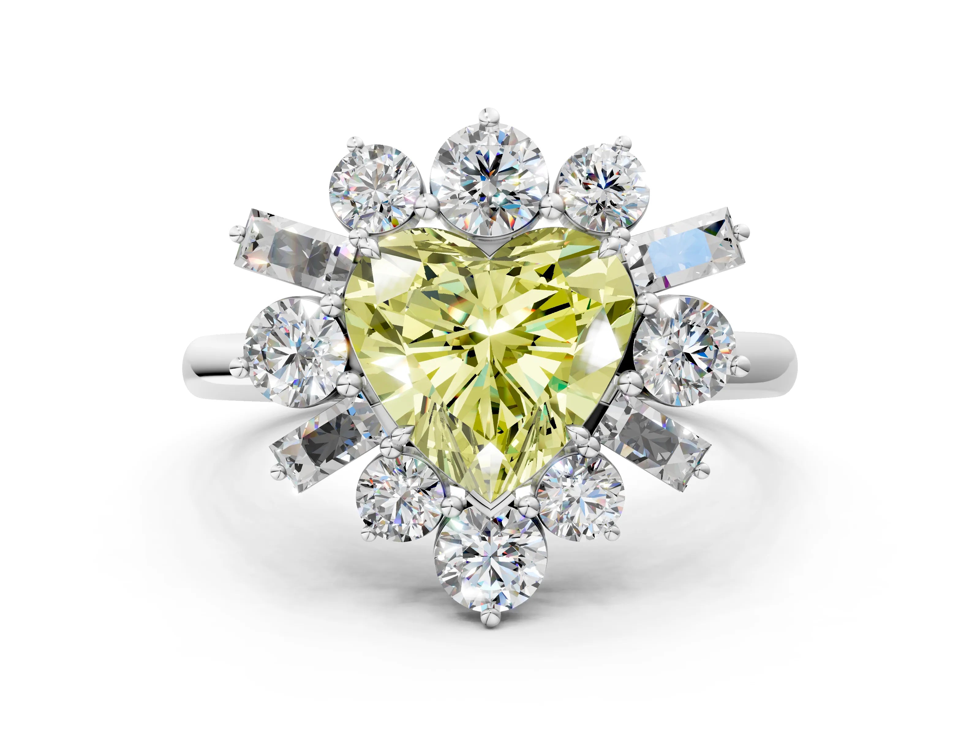 White gold Fancy Yellow Heart Cut Diamond Cluster Ring with Round and Baguette Stones, Split Shank Band, Prong Setting