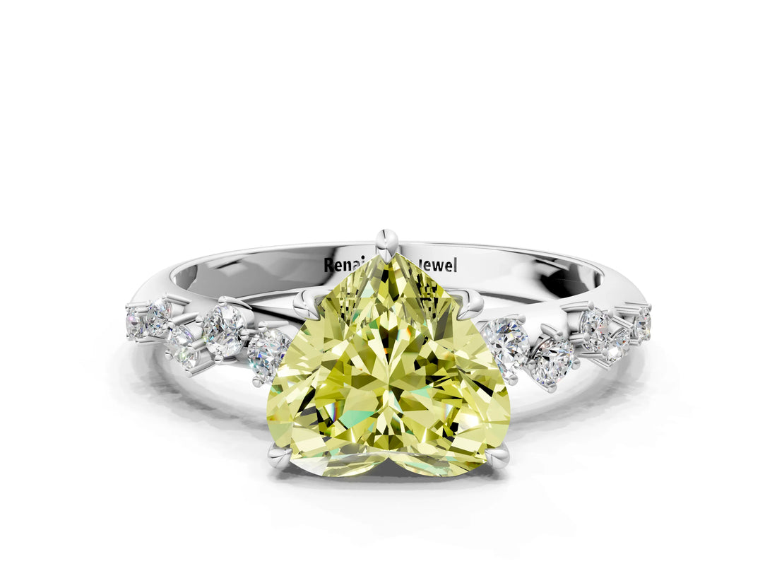 White gold Fancy Yellow Heart Cut Diamond Cluster Side Stone Solitaire Ring with Prong Setting_73